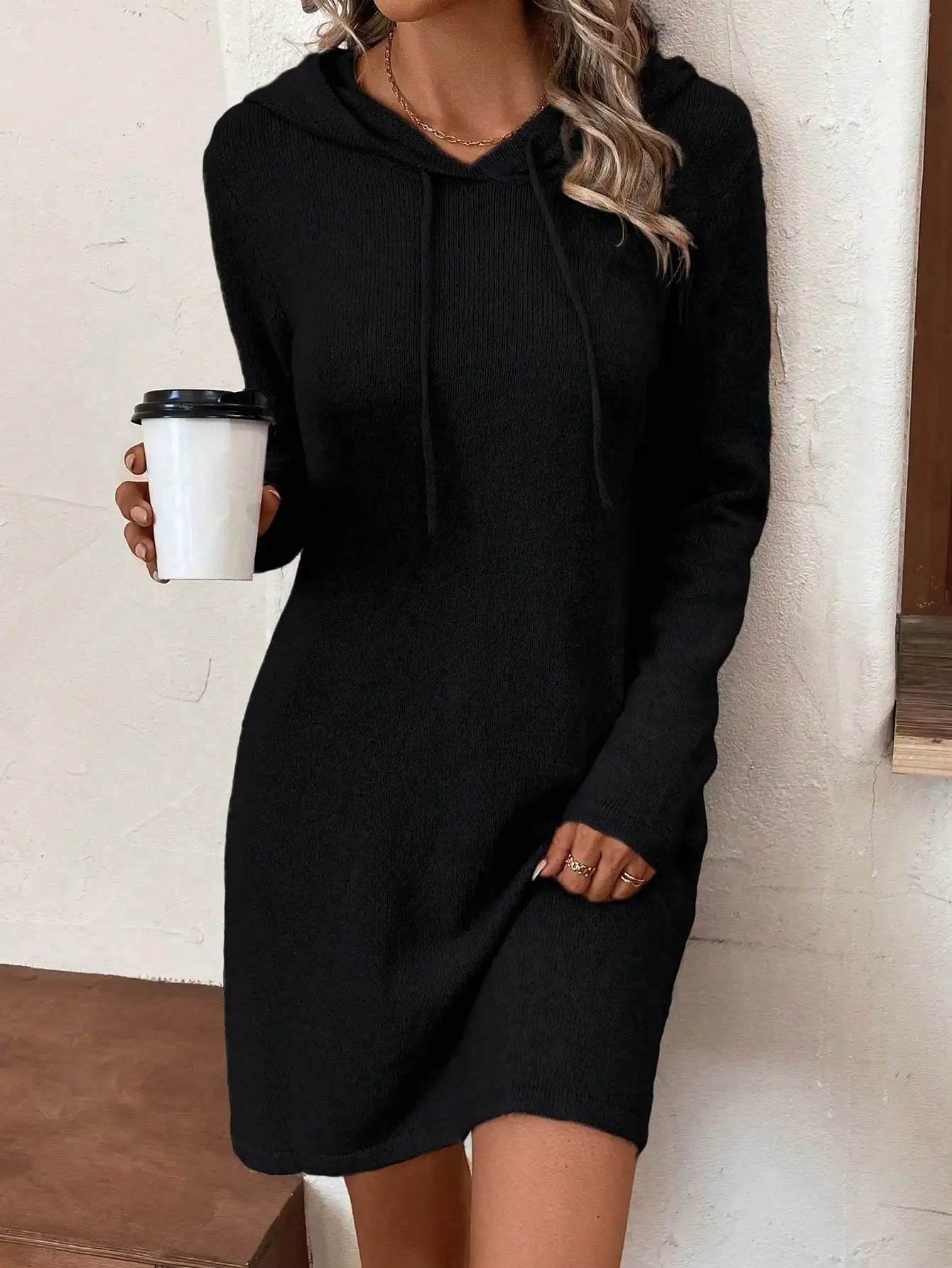 

Black Hooded Drawstring Sweater Dress for Women, Long Sleeve Knit Mini Dress, Fall Winter Casual Style