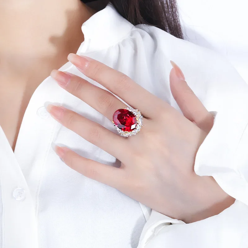 18K Gold Set with PT950 Platinum, Ruby and Sapphire Luxury Large Dove Egg Ring 15*20