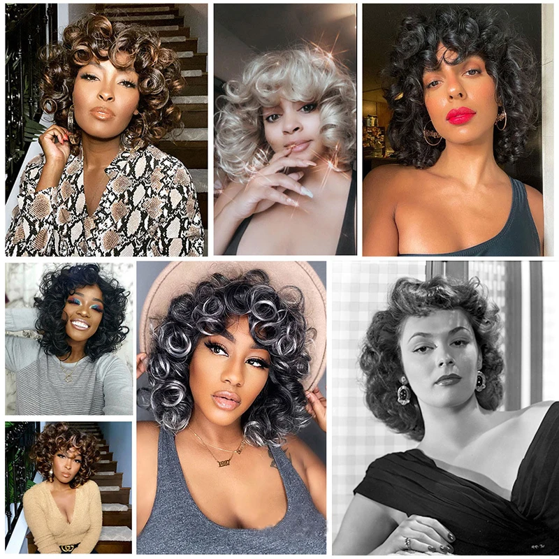 MANWEI Synthetic Wig Short Curly Black Brown Blonde Gray Color Wigs For Women High Temperature