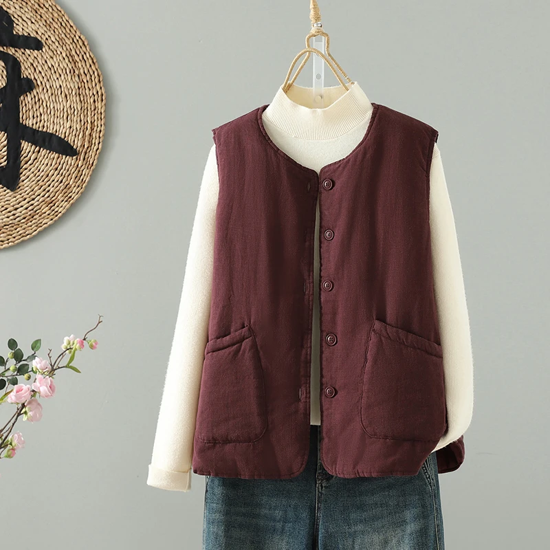 

Утепленный жилет из хлопка и льна для многослойных образов, теплый, в стиле ретро, художественный, с круглым вырезом, верхняя одежда для женщин, повседневный стиль