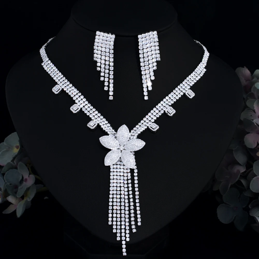CWWZircons Big Flower Dangle Tassel Necklace Earring Sets Super Luxury Cubic Zircon Bridal Wedding Party Dress Jewelry T0924