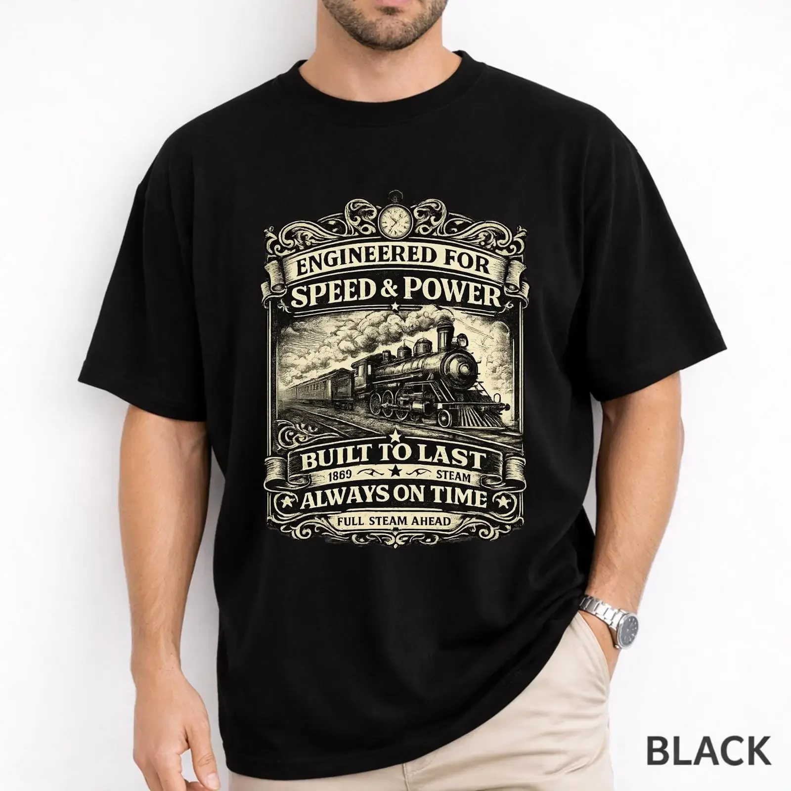 Vintage Steam Train T Shirt Engineered for Speed Power Retro Railroad Locomotive Lover vintage Washed designer clothes graphic