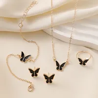 5Pcs Enamel Gold Color Butterfly Pendant Necklace for Women Girls Wedding Chain Bracelet Stud Earrings Ring Party Jewelry Set