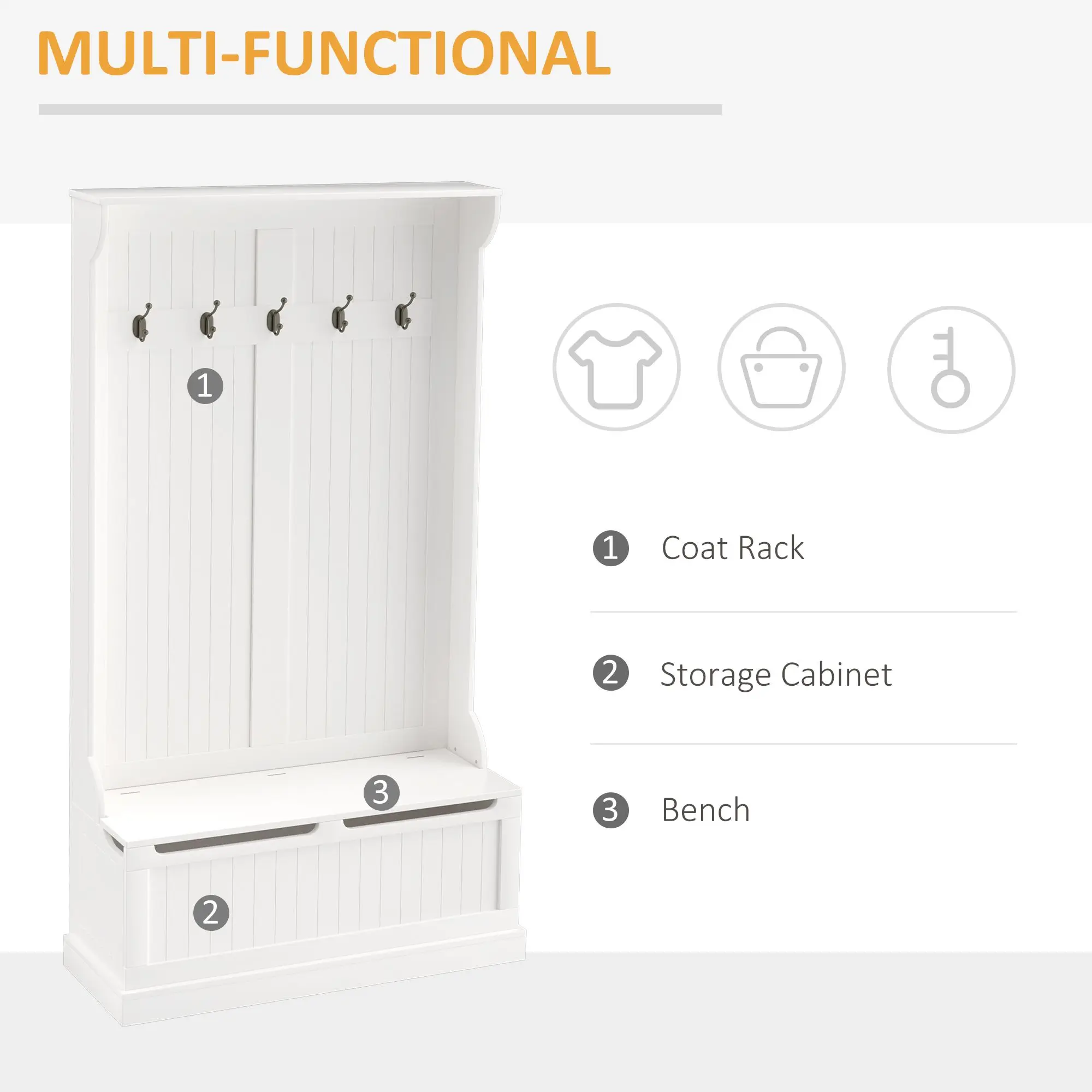 71" Hall Tree with Storage Bench, 3-In-1 Coat Rack, White Entryway Organizer view 4