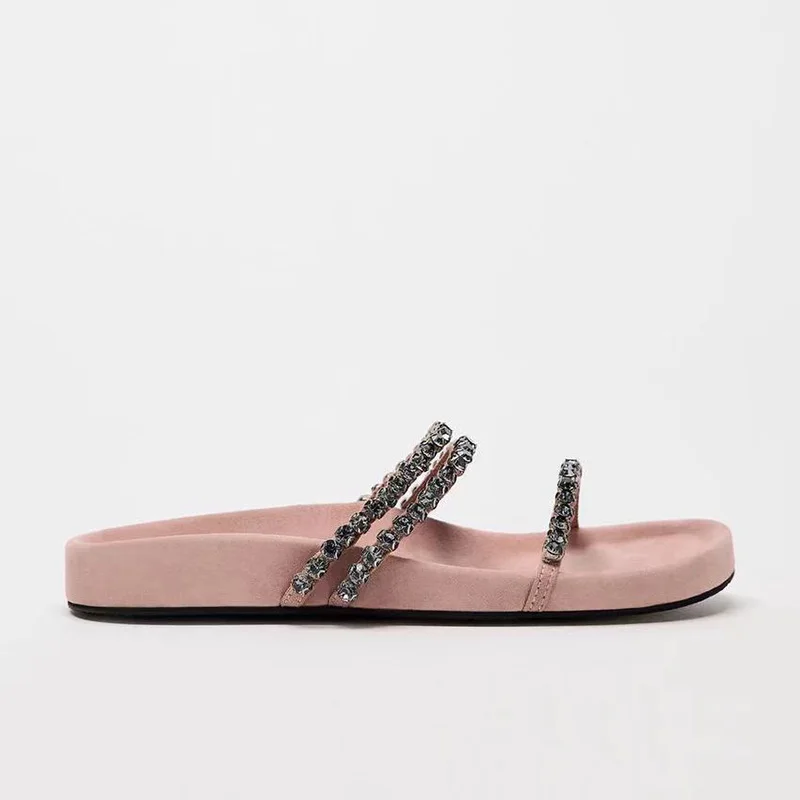 Traf Strass Lijn Flatform Slippers Voor Vrouw Outdoor Ronde Hoofd Open Teen Dikke Zool Sandalen Vrouwen Zachte Ruwe Binnenzool Schoenen