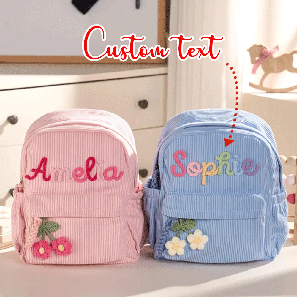 1-Piece Personalized Corduroy Backpack, Custom Hand-Embroidered Letters, Flower/Animal Decorations, Perfect Gift.