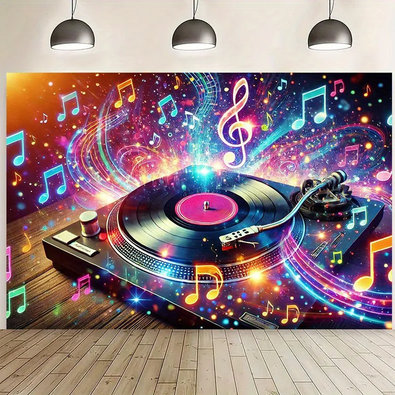 DJ Turntable Music Notes Tapestry Colorful Sound Waves Vinyl Record Party Decor 2D Flat Printing Backdrop for Music Lovers