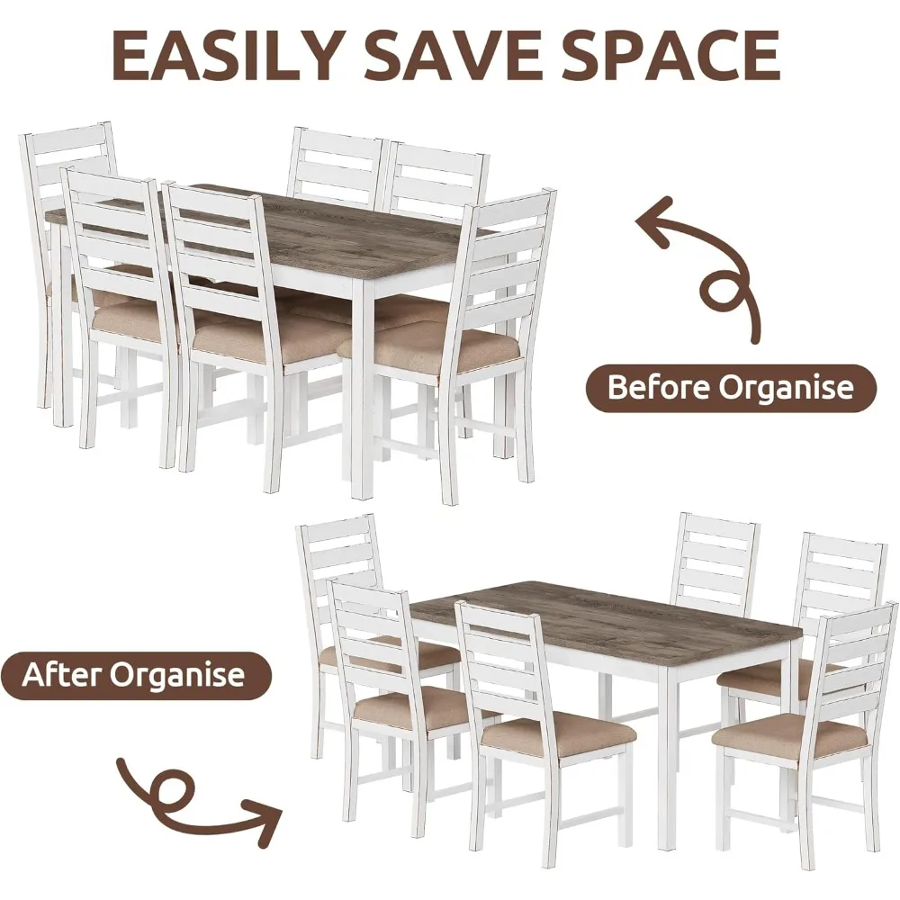 "farmhouse style rectangular solid wood dining table set for 6 with space-saving and stable design"