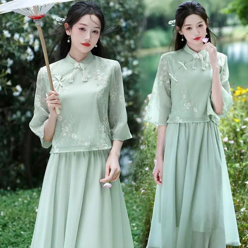 Yourqipao Summer 2023 Improved Cheongsam Embroidery Hand-beaded Zen Tops Skirt Bridesmaid Dress Chinese Style Hanfu for Women