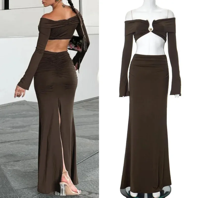 Ruched Dresses Sets Sexy Off Shoulder Women Fashion Metal Accessories Long Sleeved Split Skirt 2 Piece Autumn Vacation Outfits