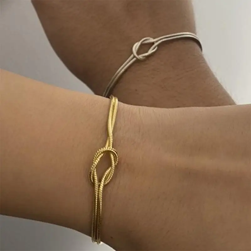 Stainless Steel Couple Bracelets Vintage Double Layered Gold Color Knot Snake Chain Bracelet for Women Waterproof Jewelry Gift