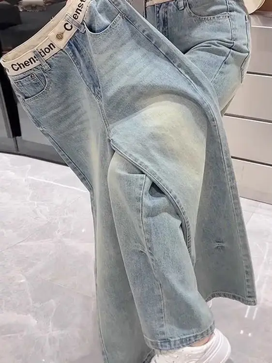 Dżinsy damskie slim fit z prostymi nogawkami, letnie, nowe, długie do podłogi, duże rozmiary, uniwersalne, haftowane, maskujące niedoskonałości, szerokie...