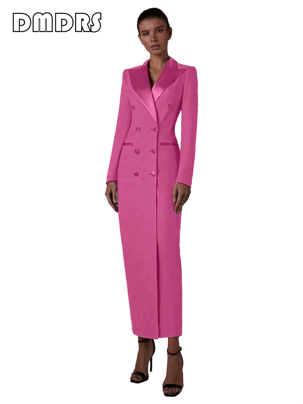 Notched Silky Satin Collar Women Tuxedo Dress Long Suit Coat Sheath Long Sleeves Blazer Double Breasted Women's Suits