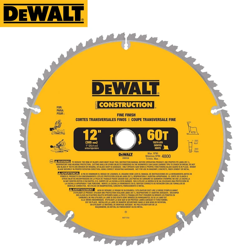 

DEWALT DW3126 DW3128 Miter Saw Blades 12in 60T 80T Fine Finish Tungsten Carbide-tipped Steel Construction Disc Tool Accessories