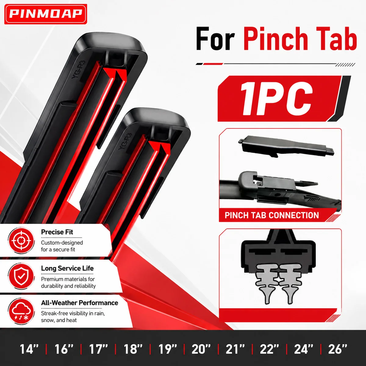 PINMOAP Dual Rubber Strip Front Windshield Wiper Blades Suitable For Pinch Tab Silent All-Weather Cleaning Wiper Accessories