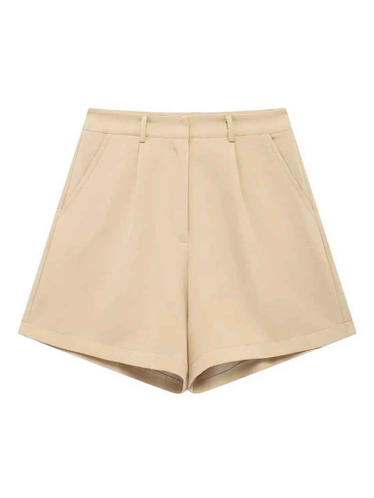 

Girl's 2024 Summer Fashion Back Pocket Khaki Short Pants Women Casual Zipper Fly High Waist Solid Pleated Shorts