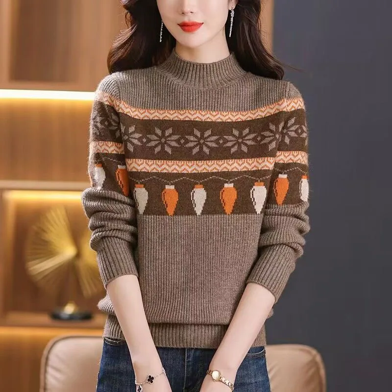 New Autumn/Winter Fashion Korean Edition Color Block Jacquard Half High Neck Loose and Versatile Western Women's Knitted Sweater