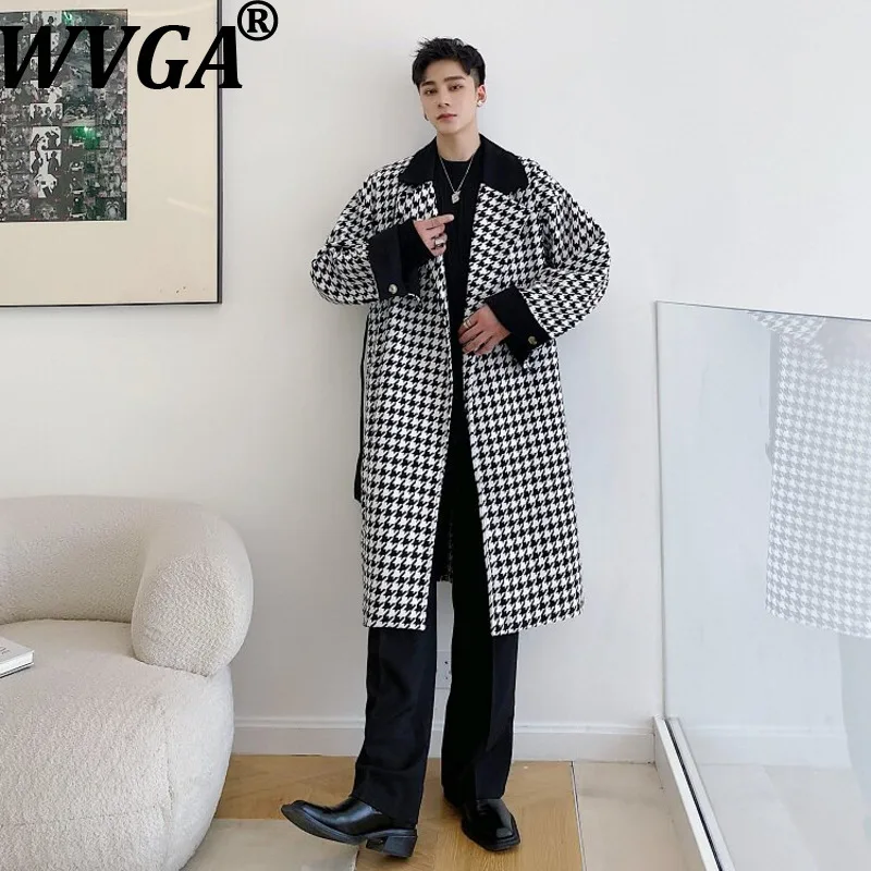 WVGA Autumn Winter New Men's Houndstooth Patterned Color-blocked Trendy Wool Coat Mid-length Niche Stand-up Collar Jacket W28973
