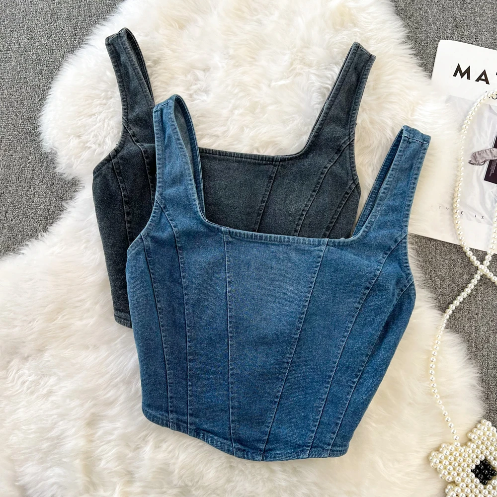 Women Denim Tank Tops Retro Sexy Square Collar Sleeveless Solid Crop Vest Summer Female Zipper Streetwear Short Top