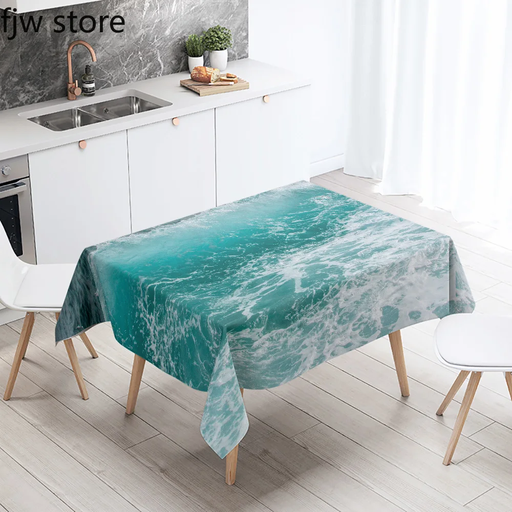 Blue Wave Printed Rectangular Tablecloth Stain Resistant Waterproof Kitchen Restaurant Banquet Table Cloth Home Decor