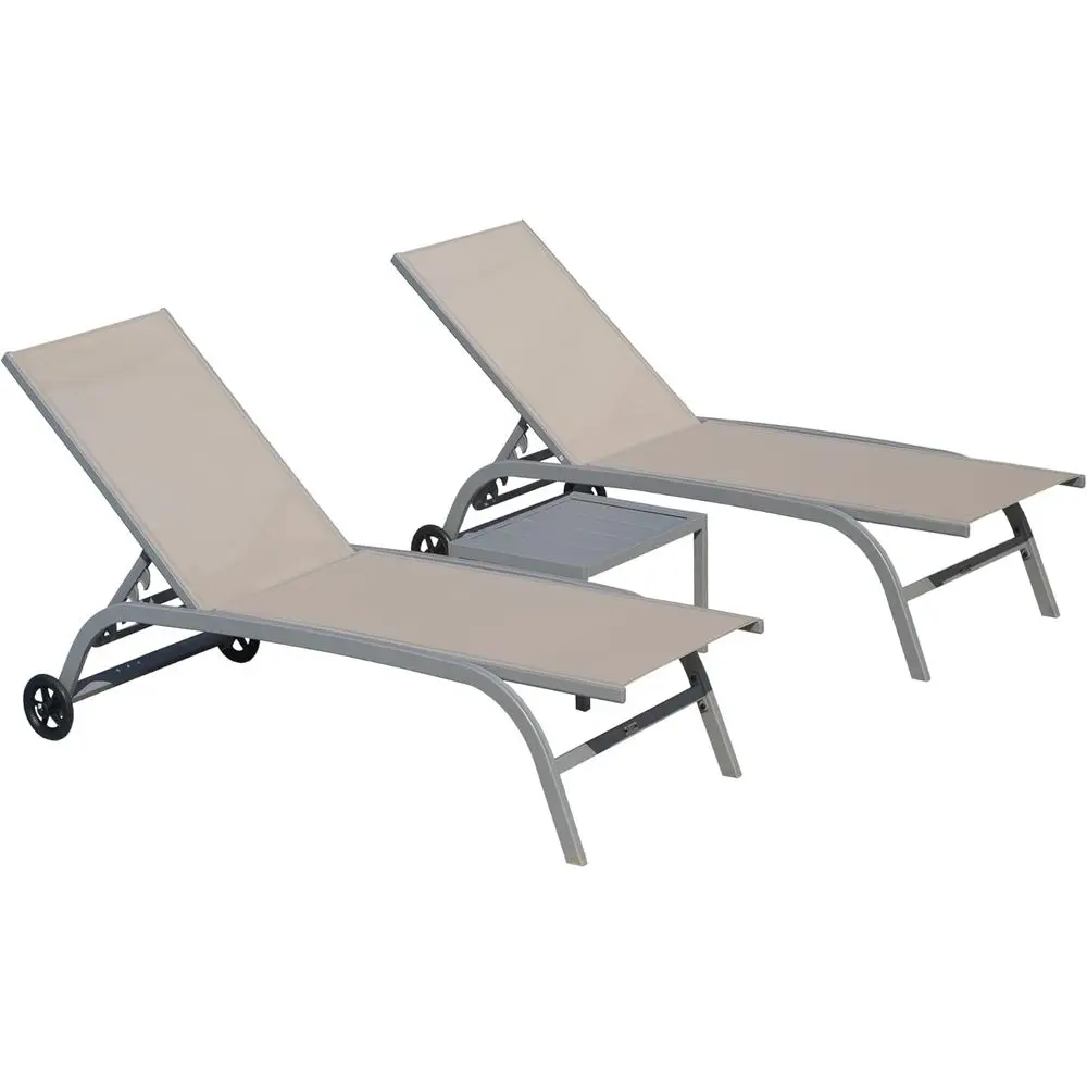 

3-Piece Outdoor Chaise Lounge Set, Adjustable Pool Deck Chairs with Wheels, Patio Beach Seating in Khaki