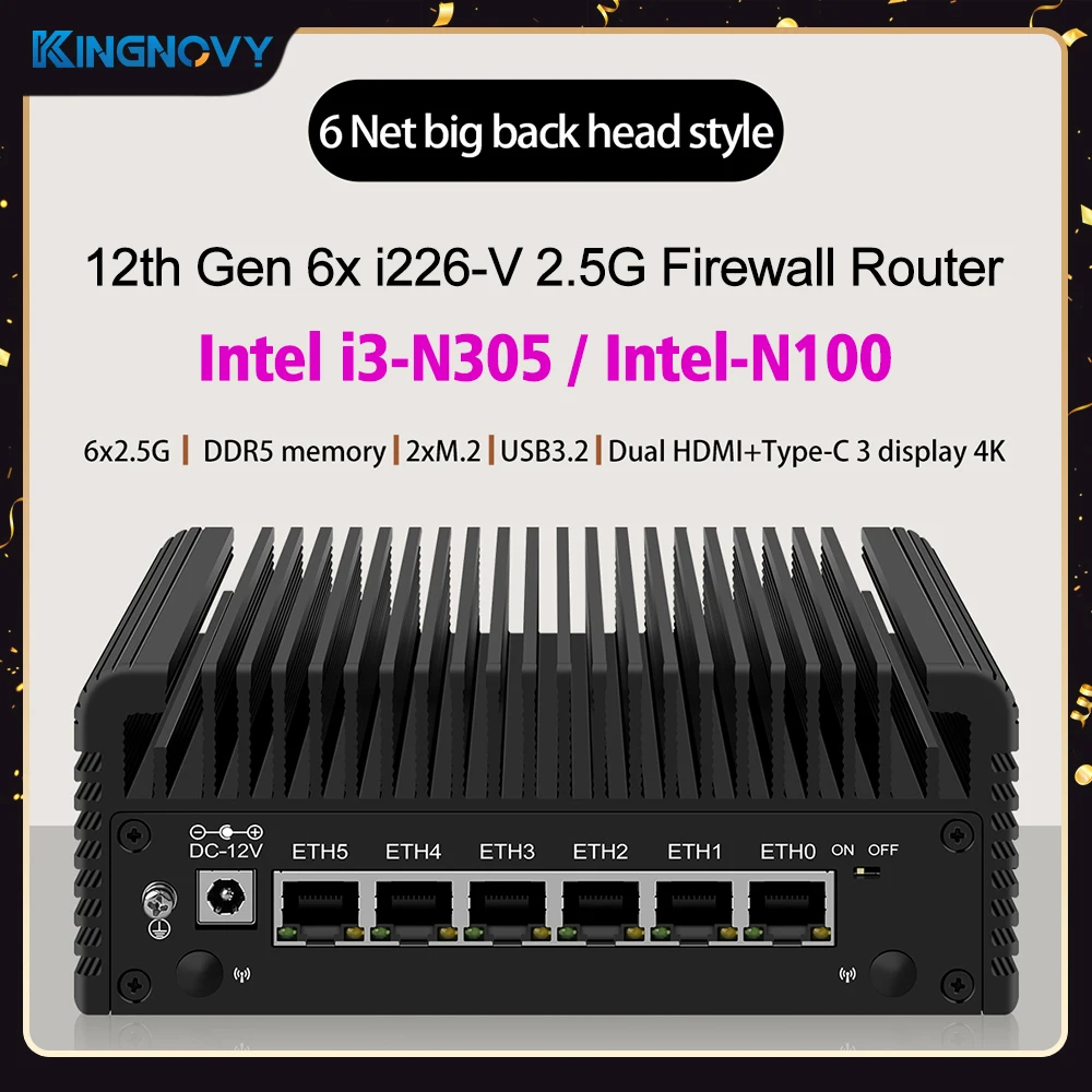 

6x i226-V 2.5G 12th Gen Intel i3 N305 N100 Firewall Router 6 LANs Fanless Mini PC DDR5 2xHDMI2.1 USB3.2 Type-C pfSense Proxmox