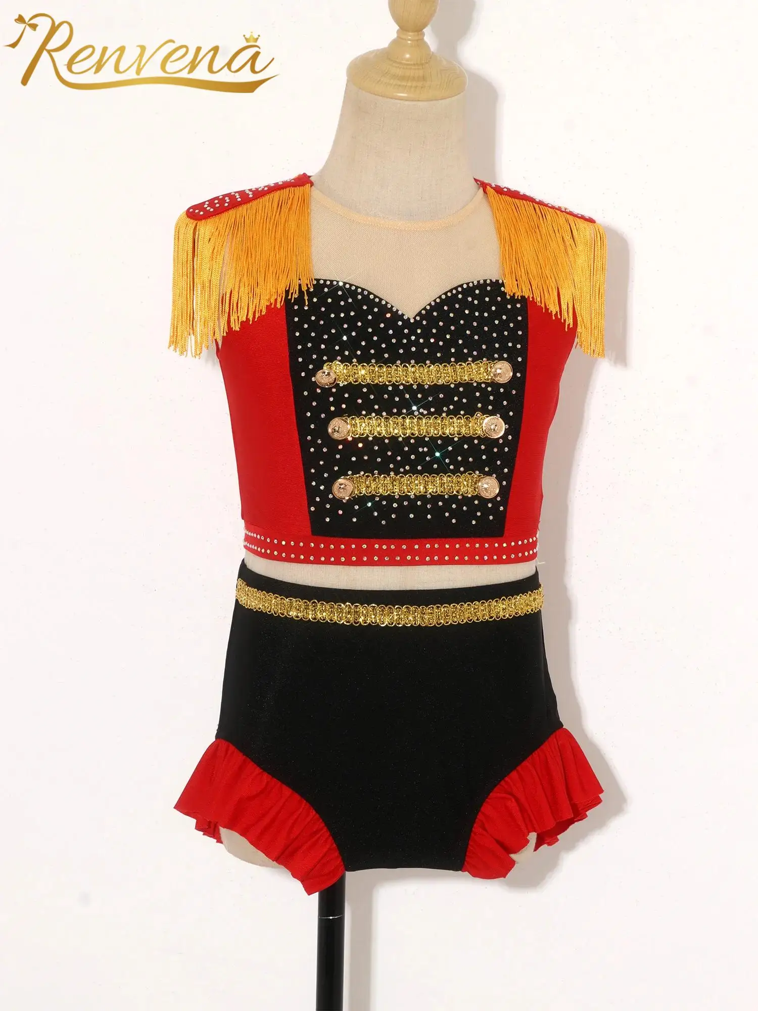 Kids Girls Marching Band Uniform Gold Braid Trim Tassel Epaulet Crop Top + Shorts Circus Ringmaster Costume Drum Major Outfits