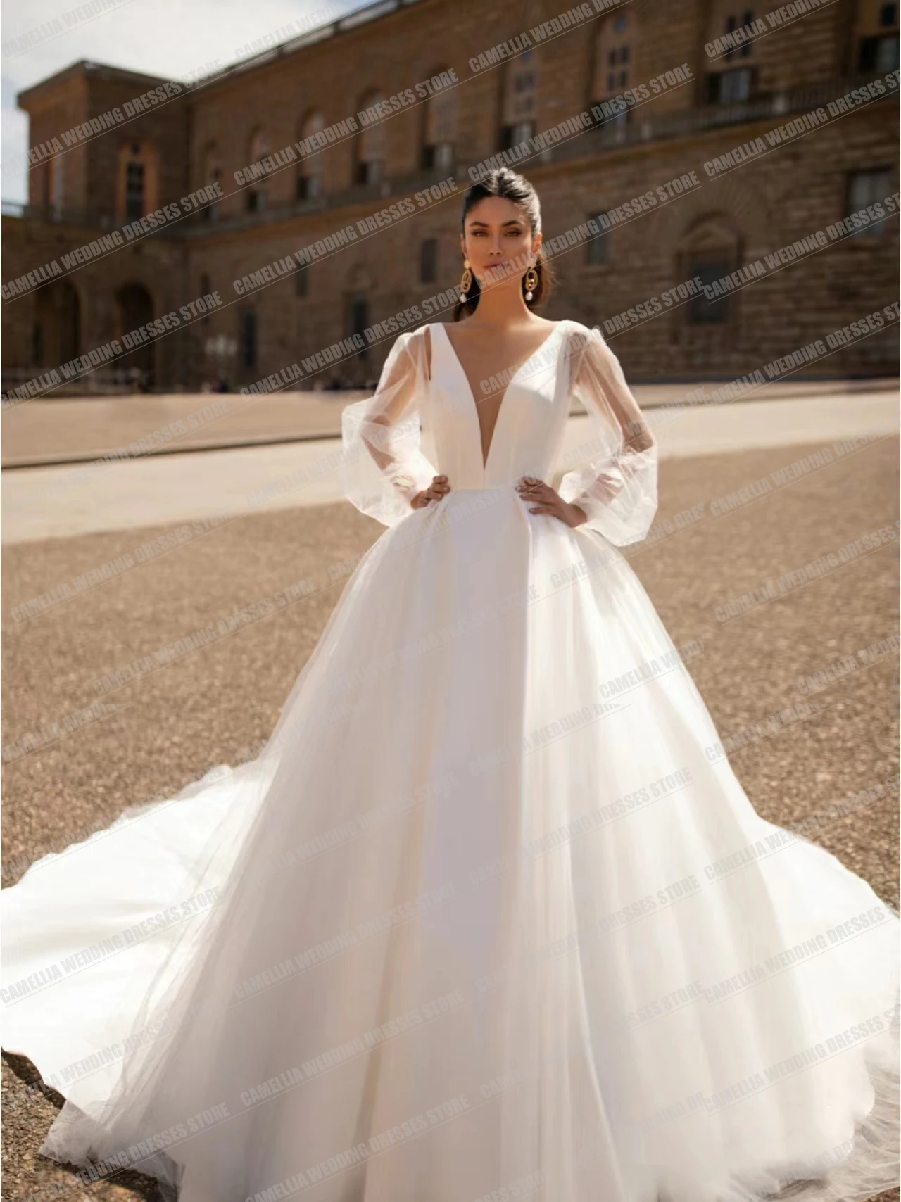 Vestidos de novia de línea A simples de lujo para mujer, cuello en V, elegante, manga larga abullonada, Vestidos de novia formales, Vestidos de tren de barrido