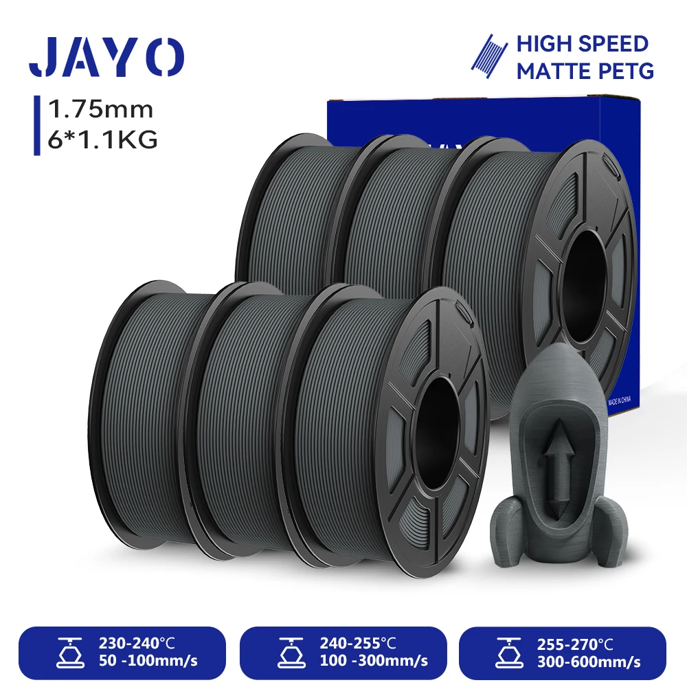 JAYO PETG 3D-Filament 1,75MM Hochgeschwindigkeits-Mattes PETG 3D-Drucker-Filament 6 Rollen High-Flow Speedy Matte Effekt 3D-Druckmaterialien