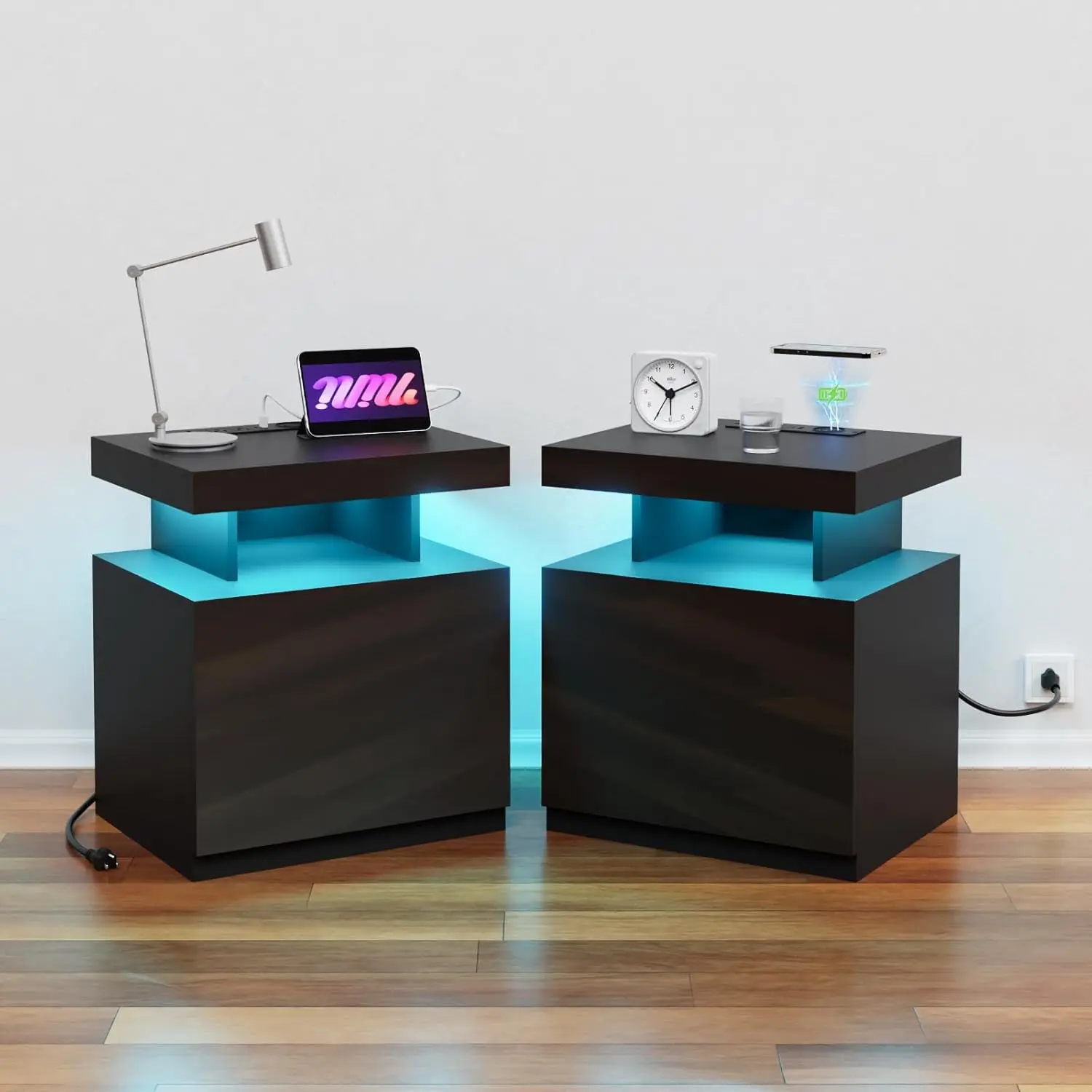 Set of 2 Black Nightstands with Wireless Charging Station 2 Outlets USB Port Type C Bedside Table Smart LED Nightstand Tall