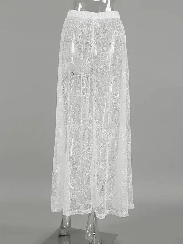 Sexy Perspective Lace Skirts Mid Length Fashion 2025 Autumn Hollow Out Bottom A-Line Skirt Temperament Women Clothing Mesh 0LB8