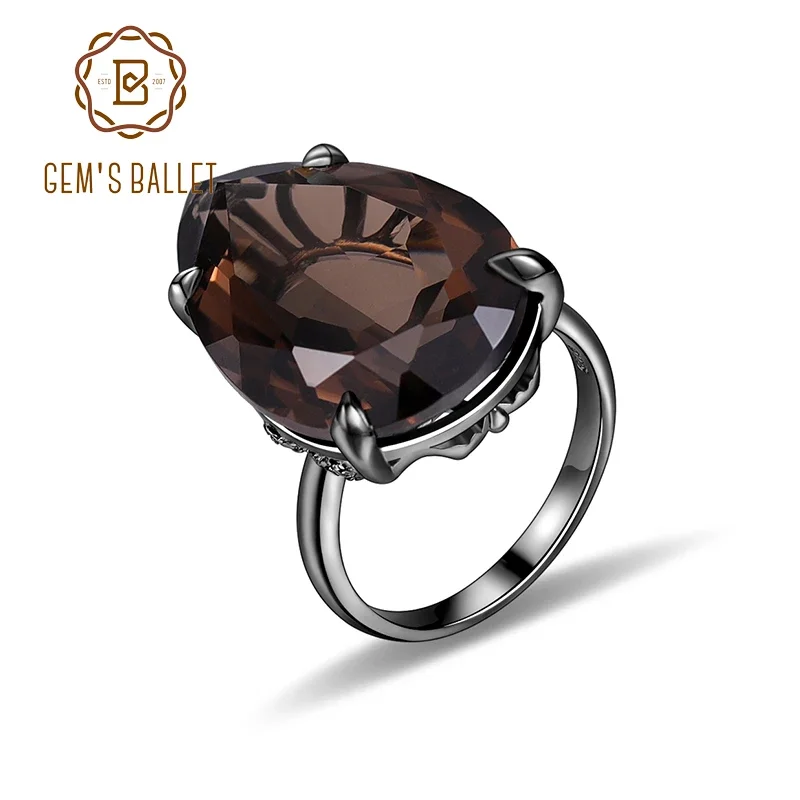 GEM'S BALLET Brown Healing Stones Cockail Rings Natural Smoky Quartz Statement Ring in 925 Sterling Silver Gift For Her