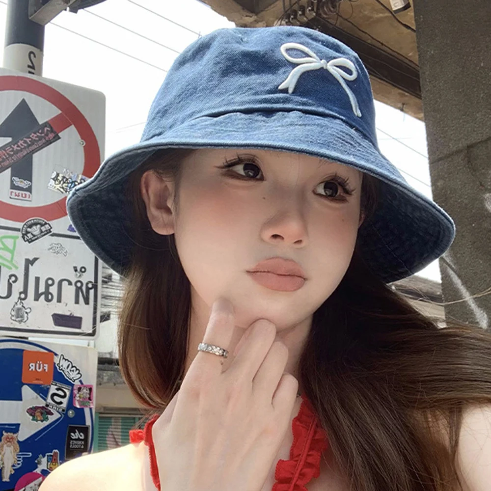 

Womens Fishermans Hat Fashion Bowknot Print Cowboy Hat Denim Tie Sunscreen Shade Cap Outdoor Beach Sun Cap Bucket Hats