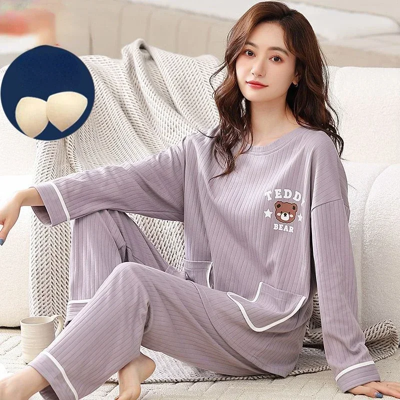 

Sleepwear Women Chest Pads Long Sleeve Big Size Pajama Sets Spring Autumn Nightwear Homewear Sets Korean Pajamas Casual Loose