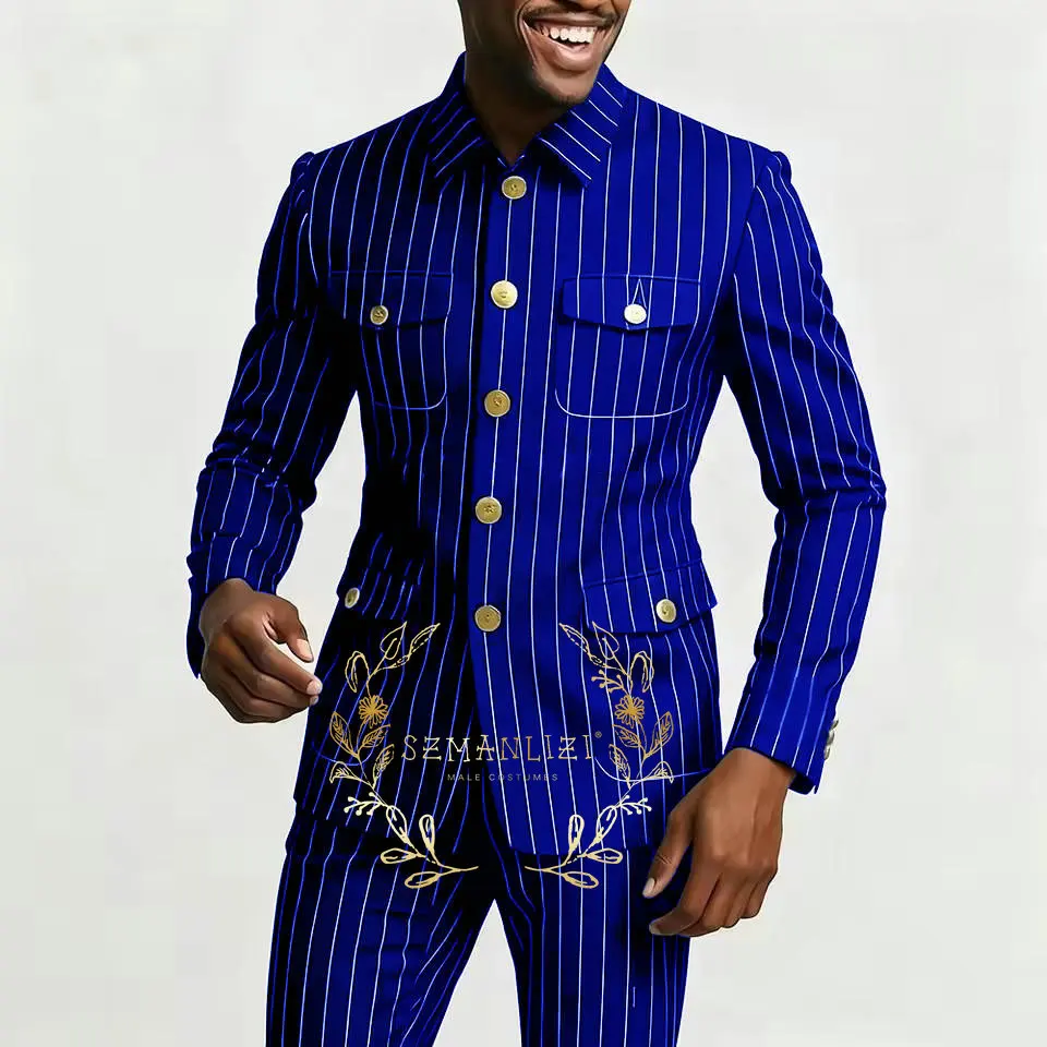 بدلة رجالية سوداء مقلمة مكونة من قطعتين بدلة كلاسيكية ضيقة وسترة سهرة وسراويل غير رسمية بياقة واقفة لحفلات الزفاف وحفلات التخرج