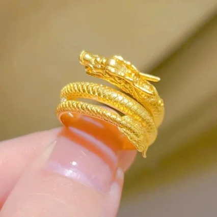 New AU999 pure gold dragon-shaped 24K open ring niche fashion real gold coiled dragon ring zodiac year ring female gift