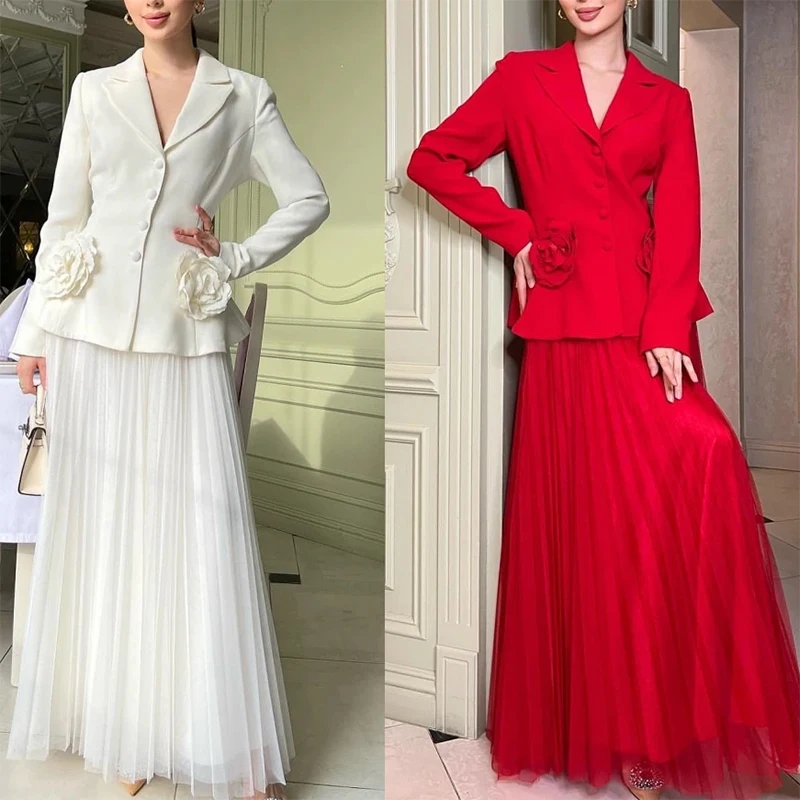 تخصيص أنيقة الخامس الرقبة قطعتين فساتين السهرة الرسمية دعوى زر الطية ثلاثية الأبعاد زهرة زين فساتين لحضور الحفلات الموسيقية 2025