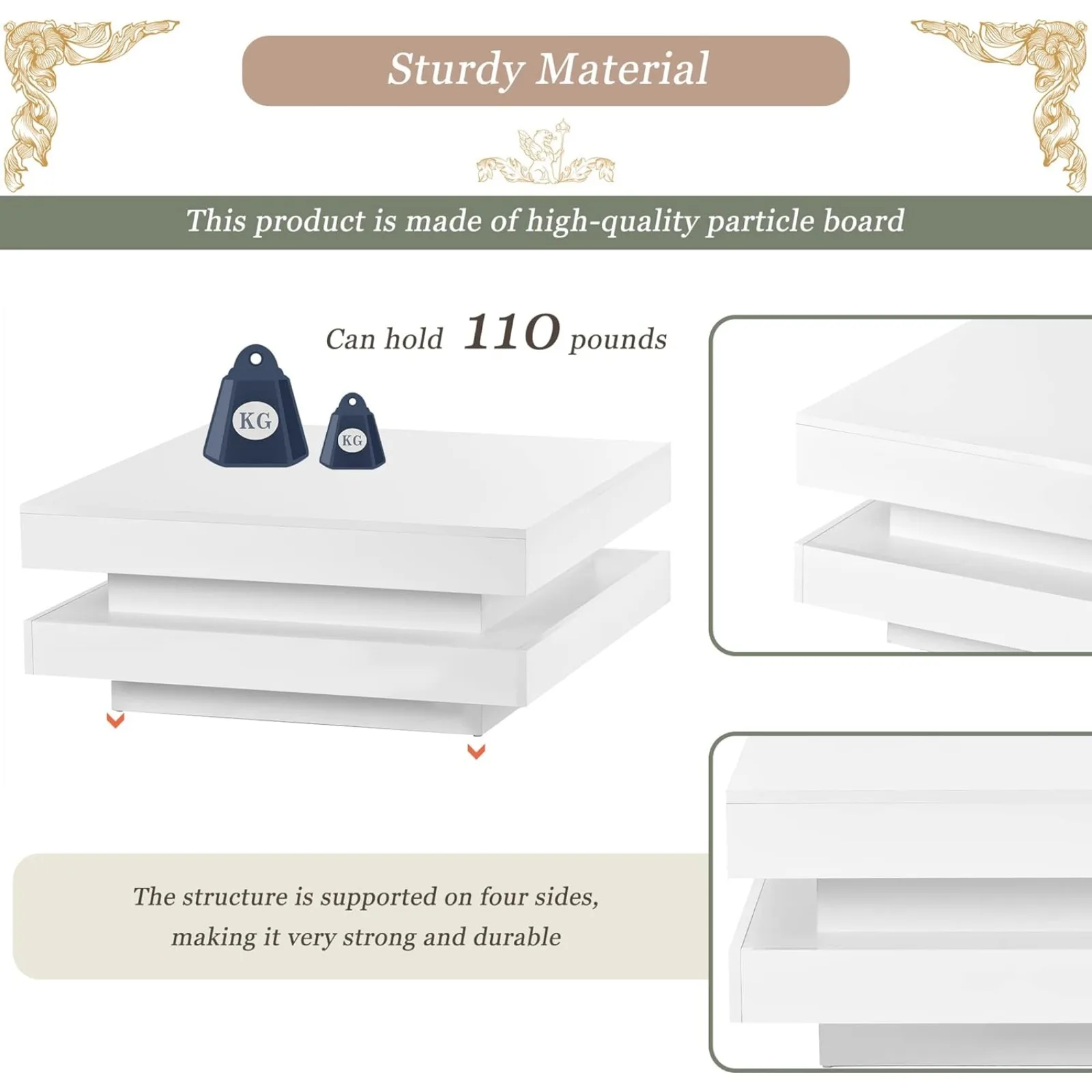 US White LED Coffee Table, 2 Tier Square Coffee Table, High Gloss Coffee Table with 16 Colors LED Lights & Remote Control,Modern