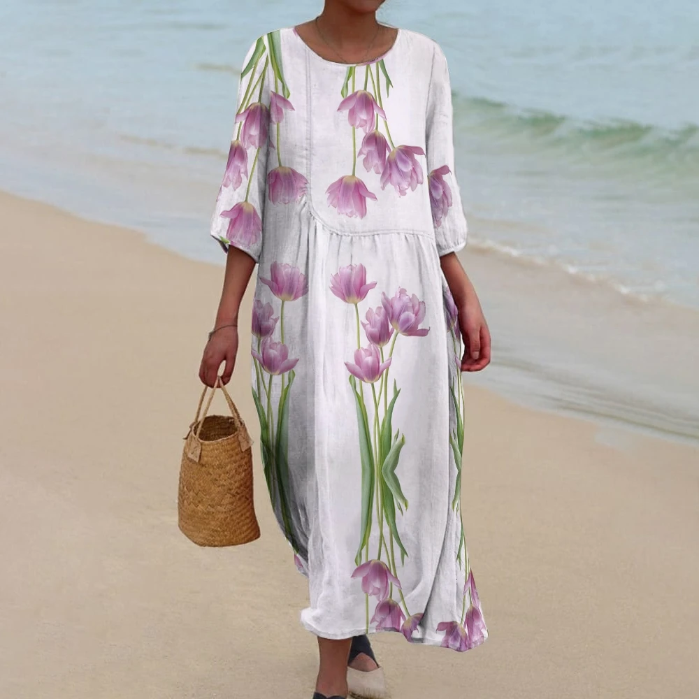 Casual Ladies Beach Skirt Crew Neck Loose Straight Vacation Dress Half Sleeve Chic Flower Print Bohemian Beachwear