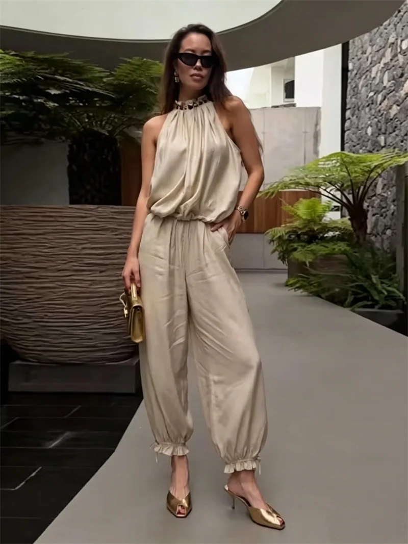 2026 Women Beaded Halter Sleeveless Top & Elastic Waist Loose Pants 2 Piece Outfit