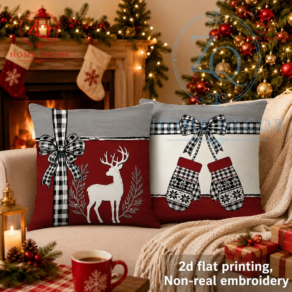 Retro red  black plaid paired with reindeer  glove prints crees a warm winter corner in the home perfect  festive decor