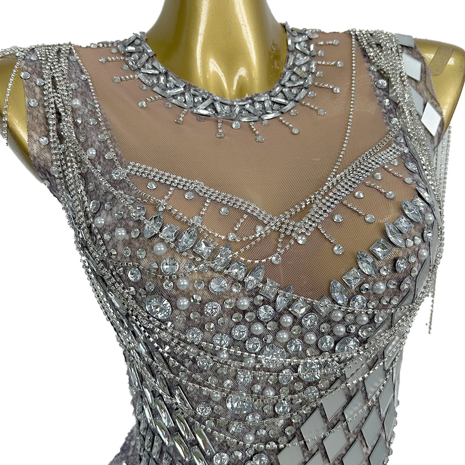 

Sparkling Rhinestone High-end Tassel Mini Dress Women Skinny Sexy Sheer Mesh Evening Dress Birthday Party Queen Couture Longlin