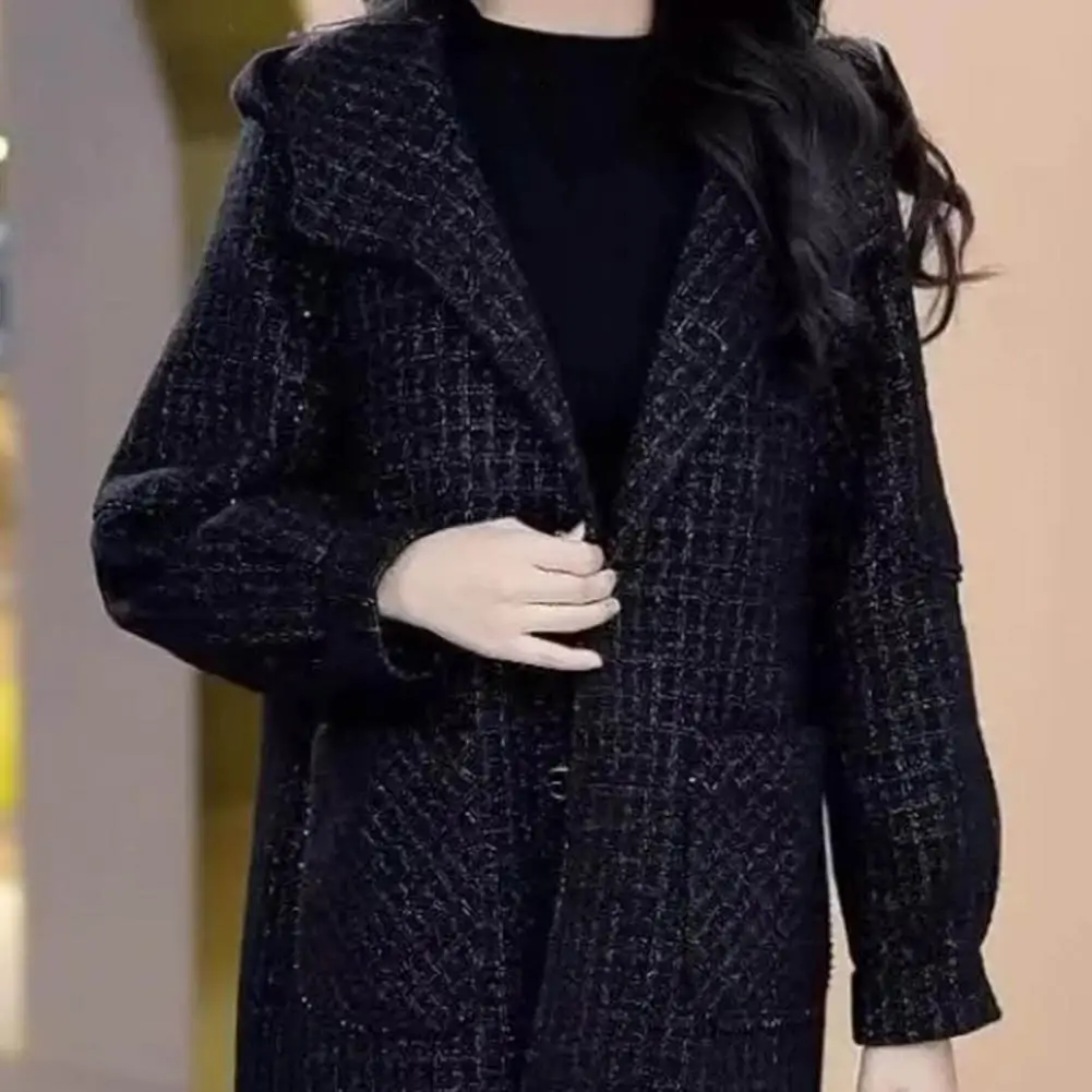 Lady Fall Winter Woolen Coat with Side Pockets Hooded Single-breasted Loose Plaid Mid Length Thick Keep Warm Overcoat for Commut