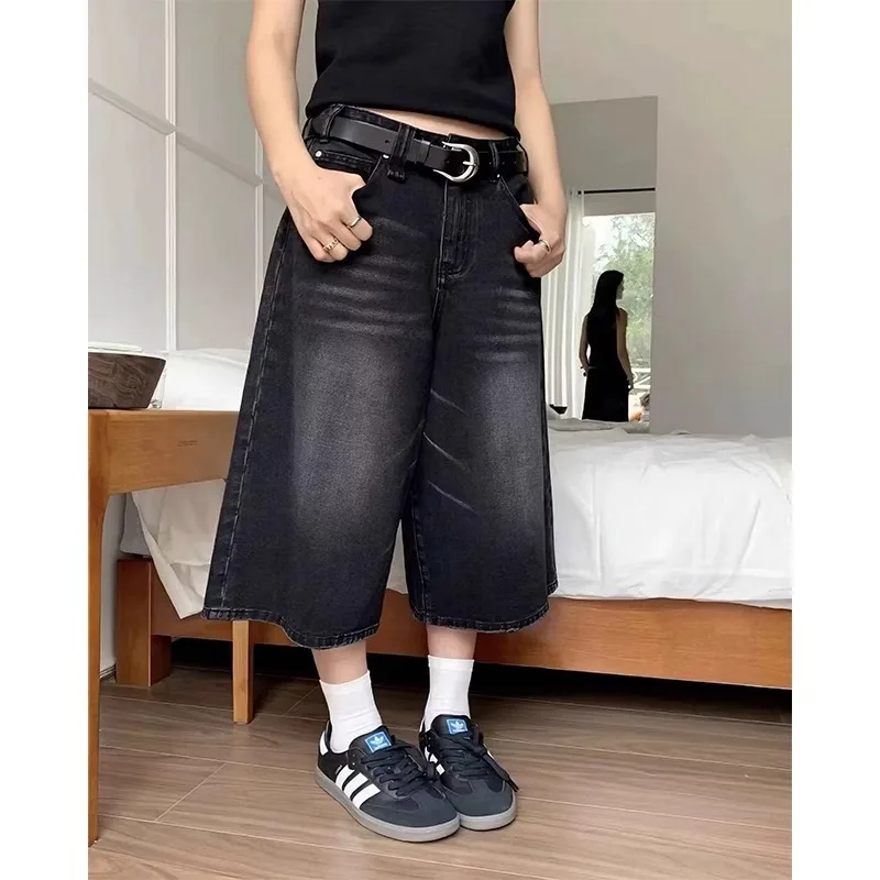 Women Y2K Dark Blue Washed Wide Leg Denim Bermuda Shorts Vintage Baggy Jorts