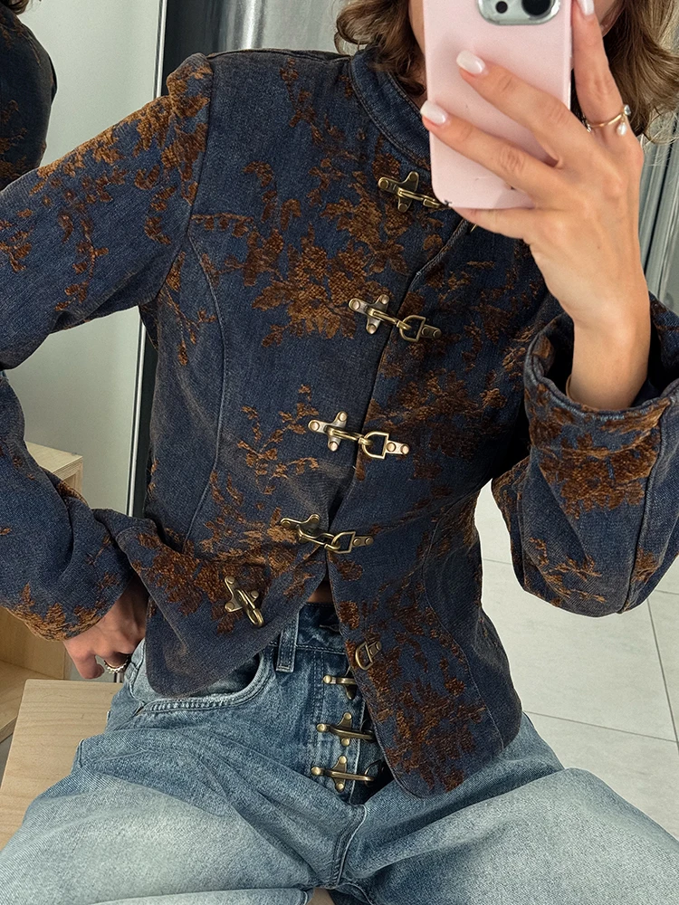 Vintage-Jacke mit Blumenmuster, kurz, für Damen, im chinesischen Stil, mit Stehkragen, Schnallenverschluss, schmal geschnitten, kurze Oberbekleidung, schicker Damenmantel. – Detail 3