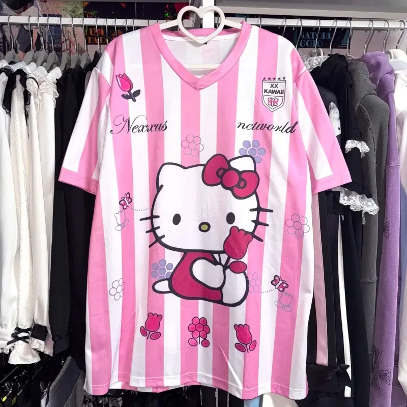 

Miniso HelloKitty Розовая белая рубашка в широкую полоску с v-образным вырезом Футболка Топ y2k