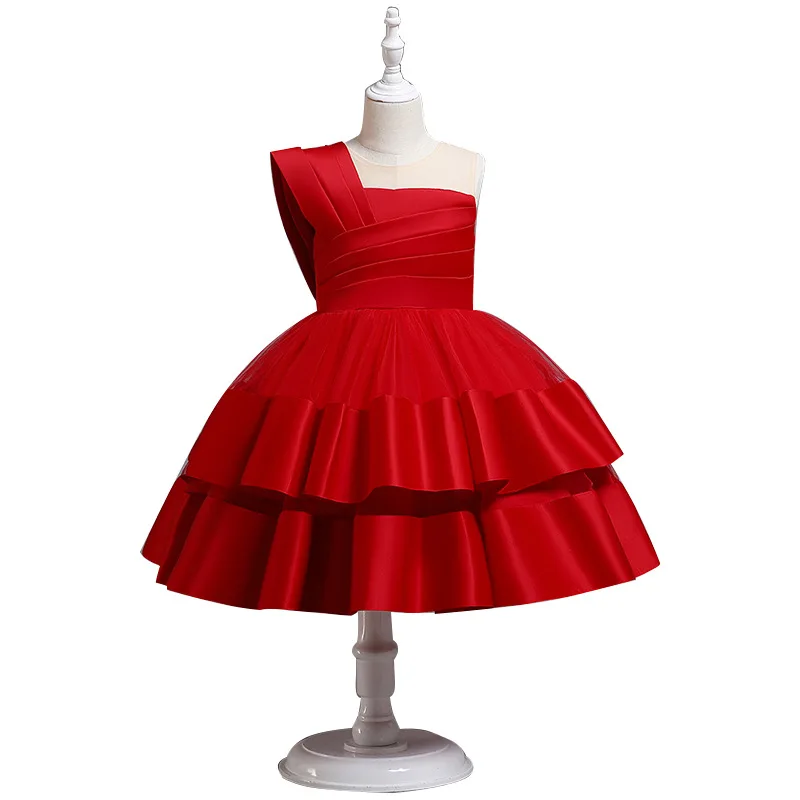 ELBCOS 4-14T Kid Girls Patchwork Color Asymmetrical shoulder No-Sleeve Tiered Wrinkle Skirt Piano Organza Costumes Evening Dress