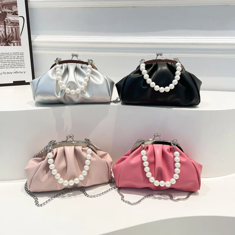 

2025 New Women's Pearl Chain Shoulder Bag Quilted Crossbody Purse Lightweight Mini Clutch Casual Chic Aesthetic for Party Night