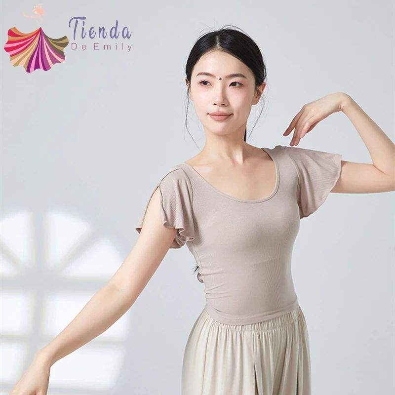 Top de baile moderno para mujer, blusa corta de manga corta con volantes y lazo en la espalda, Tops de práctica para escenario, camisa informal de malla de gasa empalmada con cuello redondo