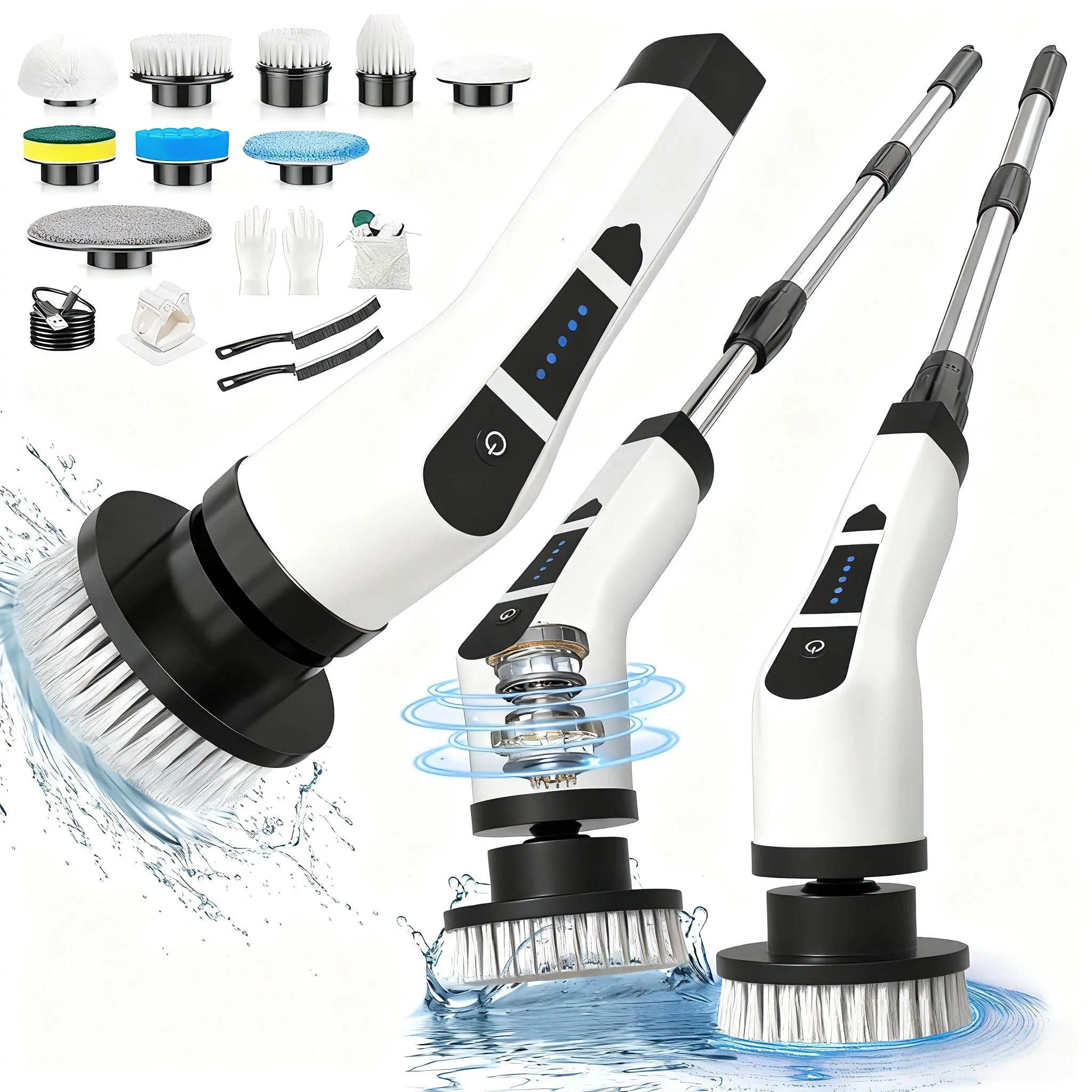 

Family Electric Cleaning Brush, Cordless 9-in-1 Replaceable Brush Heads, 2-Speed Rotating Shower Brush with Adjustable Detachabl